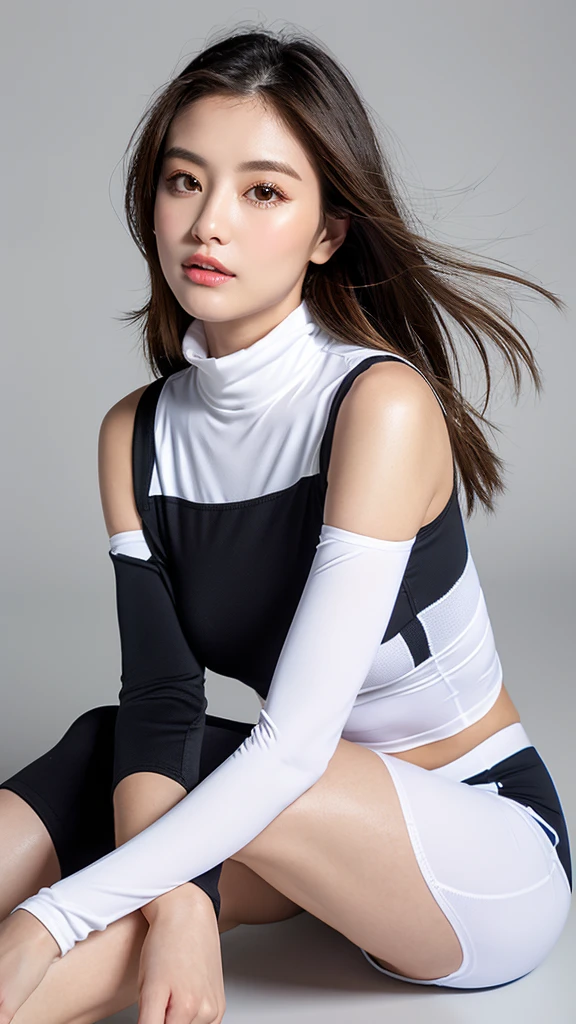 vivid,Capelin,Larger breasts,((between legs)),cute,(Detailed face),cloth,Sharp Eyes,Turtleneck sleeveless sporty lightweight(White plastic)Clothes,Ultra-high resolution,(Photorealistic:1.7),Black long hair,Gray background,