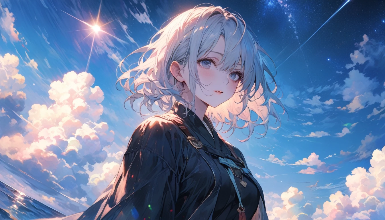 Starry Sky, After the Rain, horizon , In the sky,Lens flare, colorful,(Her short silver hair sways, Pale skin, Lack of eye sparkle) Look up at the sky, Beautiful sky, There is an ocean,White Street,The scenery is beautiful, 広いLook up at the sky, I see the wind blowing and shining, In the skyは正午の月と正午の星がある,From below, break ,quality(8k,非常に精細なCGユニットのwallpaper, masterpiece,High resolution,top-quality,top-quality real texture skin,Surreal,Increase the resolution,RAW Photos,最高quality,Very detailed,wallpaper,Cinema Lighting,Ray Tracing,Golden Ratio),Have a long-term perspective