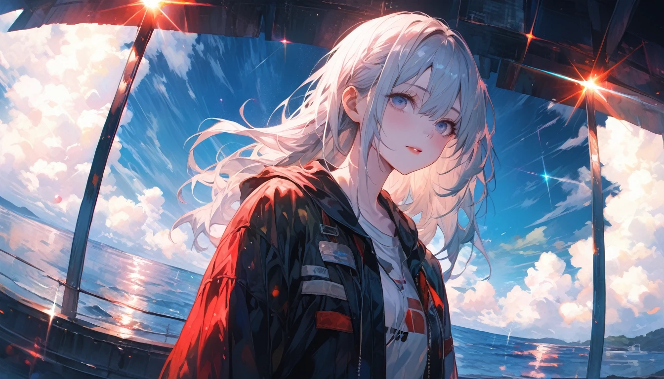 Starry Sky, After the Rain, horizon , In the sky,Lens flare, colorful,(Her short silver hair sways, Pale skin, Lack of eye sparkle) Look up at the sky, Beautiful sky, There is an ocean,White Street,The scenery is beautiful, 広いLook up at the sky, I see the wind blowing and shining, In the skyは正午の月と正午の星がある,From below, break ,quality(8k,非常に精細なCGユニットのwallpaper, masterpiece,High resolution,top-quality,top-quality real texture skin,Surreal,Increase the resolution,RAW Photos,最高quality,Very detailed,wallpaper,Cinema Lighting,Ray Tracing,Golden Ratio),Have a long-term perspective