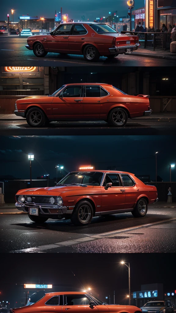A high quality image of a red Ford Falcon with chrome rims, parked in a bustling city at night. The city is illuminated by neon lights, casting a vibrant glow on the surrounding buildings and streets. The car is meticulously detailed, showcasing its sleek design and classic features. The image exudes extreme realism with ultra definition, capturing every intricate detail of the car and cityscape. The composition is dynamic, with the Ford Falcon as the focal point against the backdrop of the neon-lit city. The lighting is high quality, emphasizing the reflections off the chrome rims and highlighting the car's stunning red color. Keywords: ultra definition, extreme realism, vibrant neon lights, dynamic composition, high quality lighting, classic car, bustling cityscape.