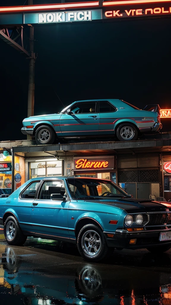 A high quality image of a red Ford Falcon with chrome rims, parked in a bustling city at night. The city is illuminated by neon lights, casting a vibrant glow on the surrounding buildings and streets. The car is meticulously detailed, showcasing its sleek design and classic features. The image exudes extreme realism with ultra definition, capturing every intricate detail of the car and cityscape. The composition is dynamic, with the Ford Falcon as the focal point against the backdrop of the neon-lit city. The lighting is high quality, emphasizing the reflections off the chrome rims and highlighting the car's stunning red color. Keywords: ultra definition, extreme realism, vibrant neon lights, dynamic composition, high quality lighting, classic car, bustling cityscape.