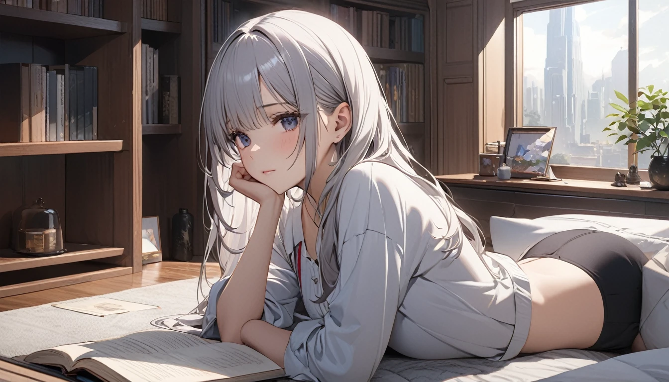 （8k，masterpiece，Highest quality），Hyper Detail，Relaxing room、study、A studious beauty with a fleeting expression、
