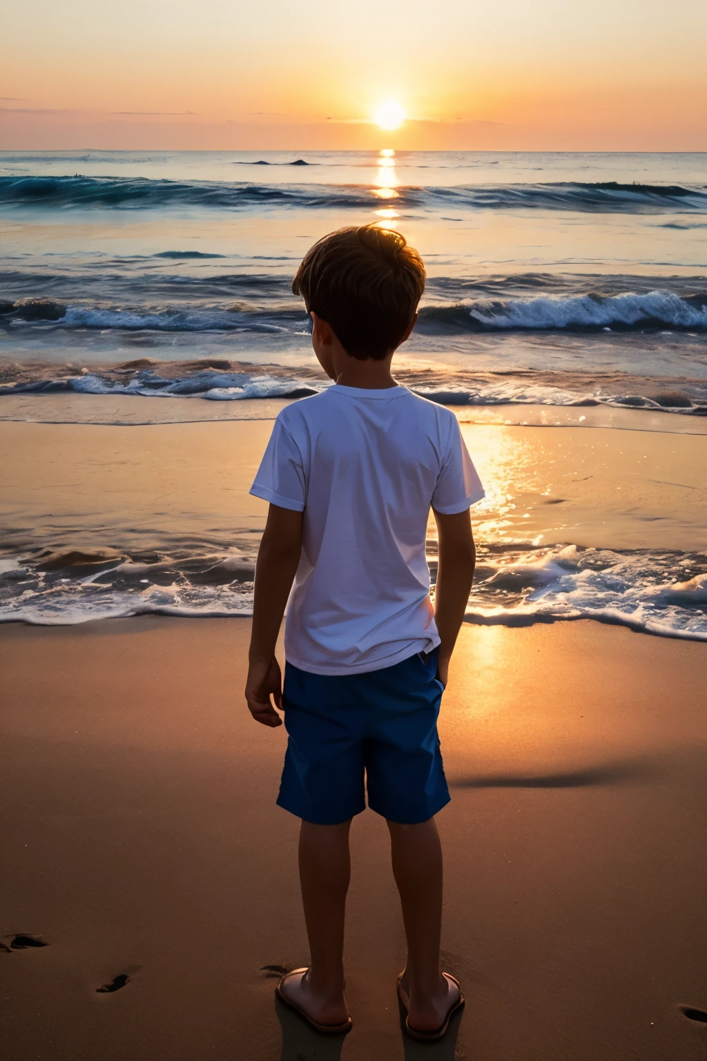 One alone boy standing on the beach in sunset 