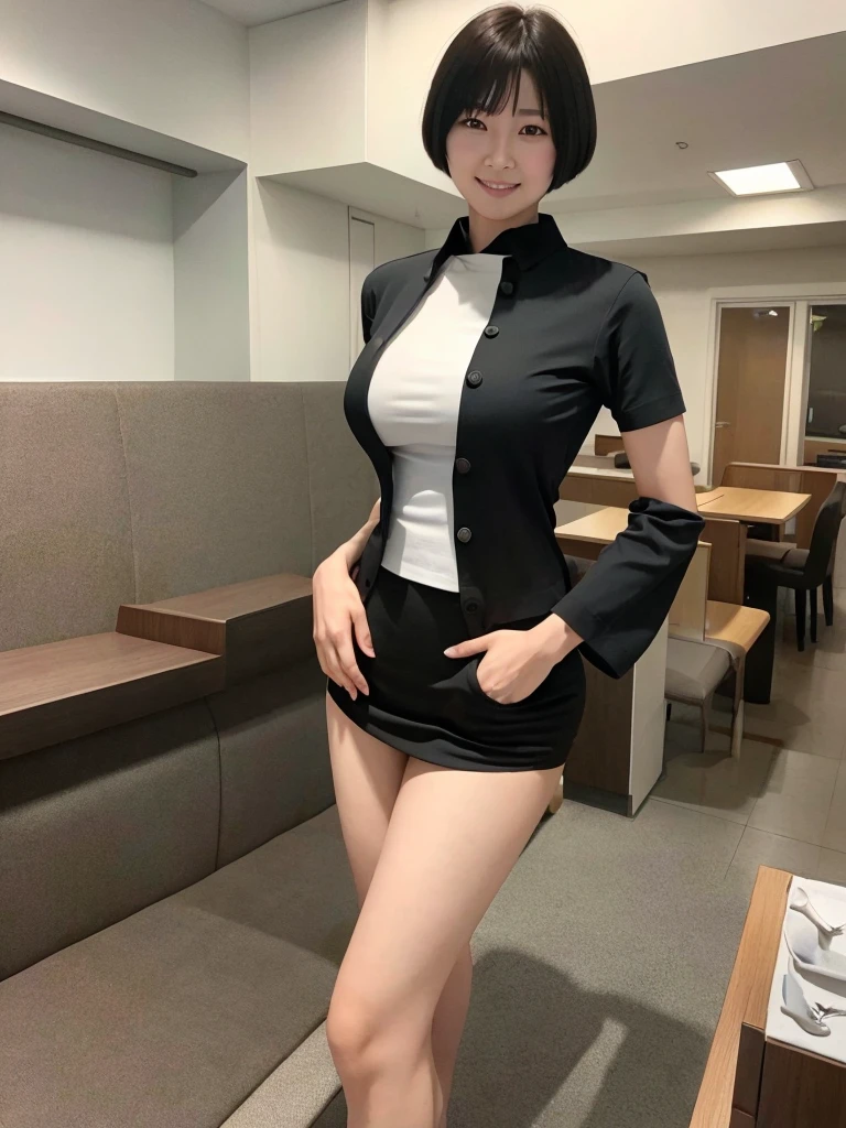 Highest quality、masterpiece、8k、Very detailed、Realistic、(One person:1.2)、Looking at me with a smile、whole body、Black Hair、Short Hair、Small face、Slender、(Very large breasts:1.2)、Thin and beautiful legs、narrow and constricted waist,、(Family Restaurant Uniforms:1.2)、A tight-fitting white shirt with buttons and a collar、A short, black, high-waisted skirt、(Nobody background)