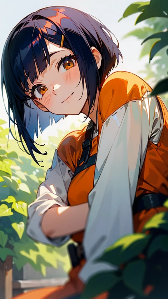 1 girl、Anime Images、shrimp、Shiny dark blue hair、Short Bob Hairstyles、Tie your hair with an orange hair clip、Beautiful brown eyes、smile、Upper body close-up、Outdoor、garden、Sharp contours、Background Blur、Written boundary depth