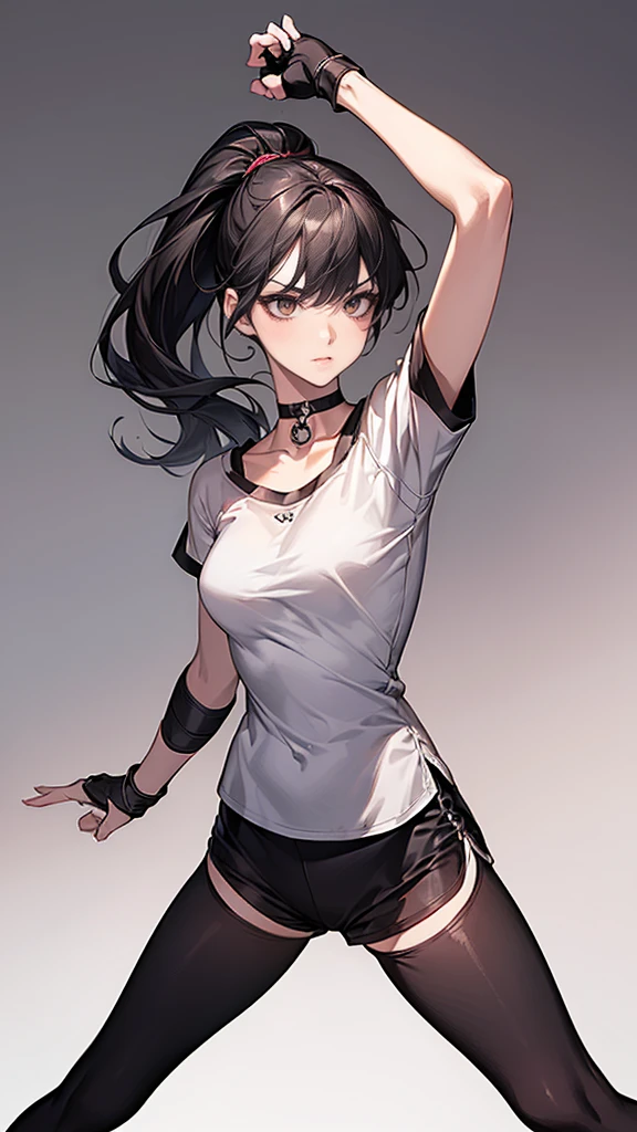 ((Highest quality)), ((masterpiece)), (detailed) {{{Slender female martial arts instructor}}} Shorts {{Décolletage}} {{White short-sleeved T-shirt with long length}} Mature Woman ((Combat Stance)) Long fingerless gloves Black tights {{Inside the dojo}} Black Hair Long-haired ponytail ((Leggings with integrated shorts)) clavicle choker