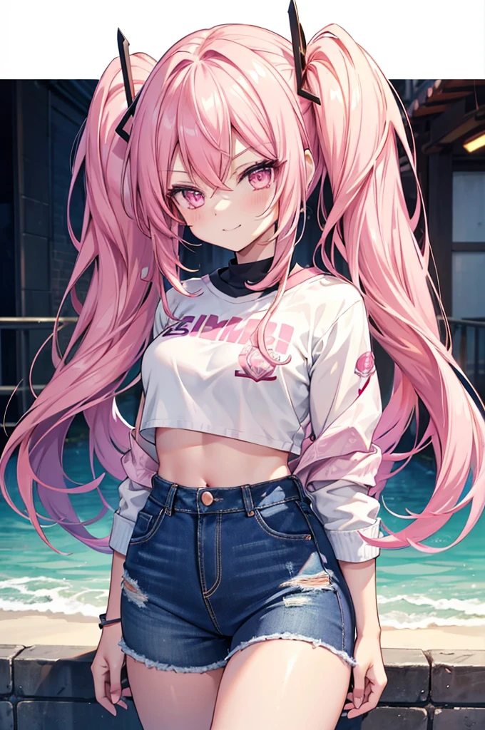 1.5, best quality, high quality, High definition, High quality texture, high detail, beautiful detailed, finely detailed, extremely detailed cg, detailed texture, ((ANIME)), 1girl, woman, female, ((casual)), pink hair, long twintails, pink eyes, model, crop top, denim shorts, smirking, close up, portrait