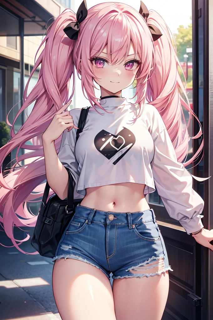 1.5, best quality, high quality, High definition, High quality texture, high detail, beautiful detailed, finely detailed, extremely detailed cg, detailed texture, ((ANIME)), 1girl, woman, female, ((casual)), pink hair, long twintails, pink eyes, model, crop top, denim shorts, smirking, close up, portrait