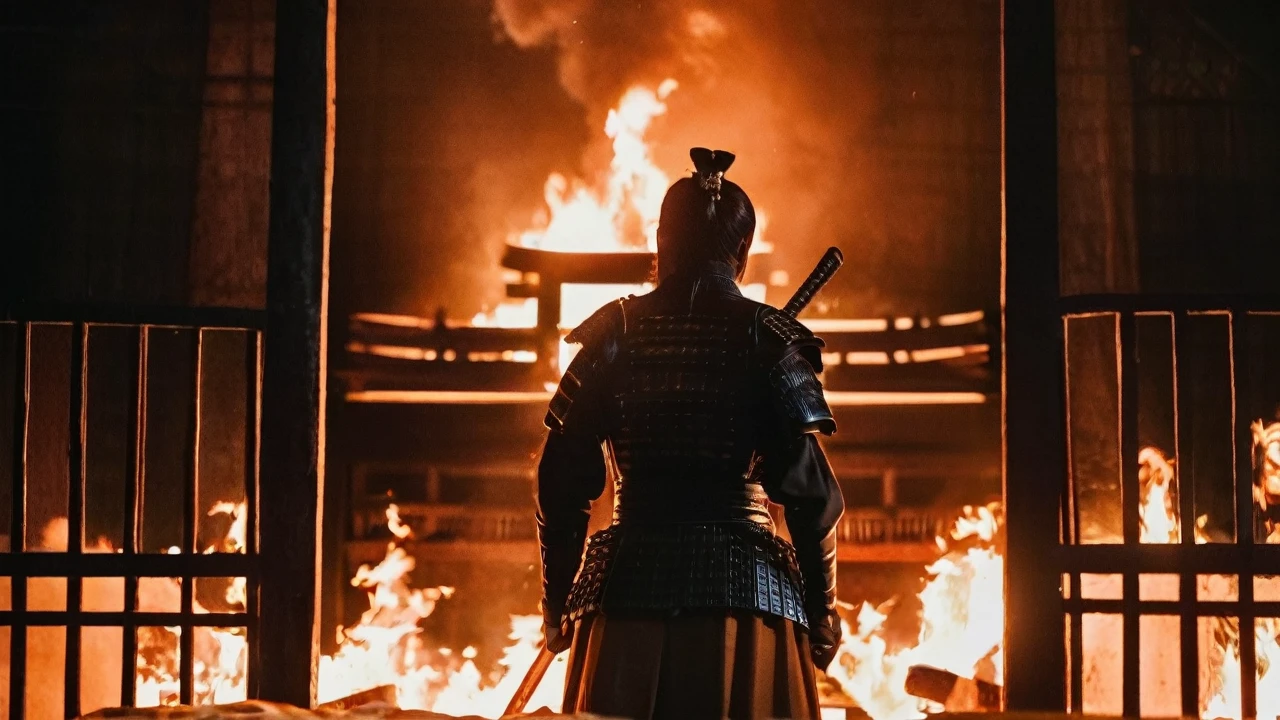 a samurai standing in foreground showing his back holding katana and watching towars the village burning and few people are inside the cages, the atmosphere is dark and scary, the tone is orange