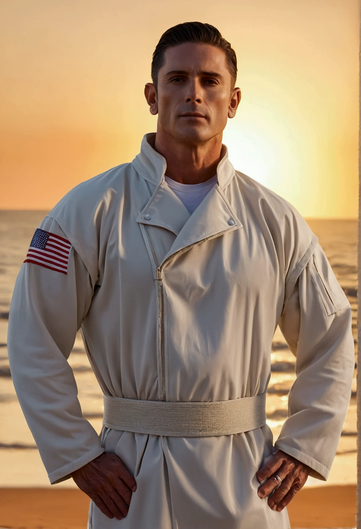 posey straitjacket, (male:1.2), handsome face, slim body, classic appearance, unassuming demeanor, bisque skin, 8 k, absurbres, hires, best detail, flag background, Sunrise