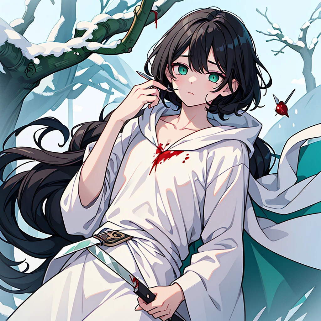 A boy... black hair... pastel green eyes... sleepy and serene look... snow white skin... a mole under the right eye... unreal beauty... With a letter with a heart... The boy has blood on his clothes and left cheek with a knife full of blood...