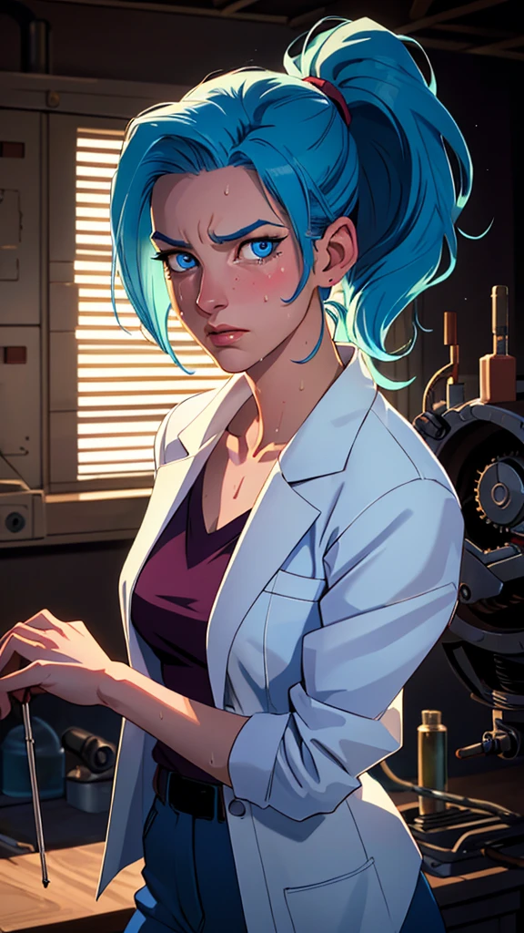 ((((masterpiece, best quality, high resolution)))), Extremely detailed 8K, 1 female, (Bulma from Dragon Ball) wearing a white jacket, (Ultra HD, Ultra-detailed, Highly detailed, Highly realistic, Ultra-realistic, photograph realistic), (1girl:1.5), (Realistic pony tail, blue hair), (dynamic poses), facing at camera, looking at viewer, (a serious focus face), (regular blue eyes, sharp eyes), (perky breasts:1.2), (beautiful detailed face, beautiful detailed eyes), ((slightly sweating)), (working on a mechanical invention), sweat, glow, (sunbeam, sunlight), ((cowboy shot)), laboratory background, seductive, EnvyBetterHands LoCon,