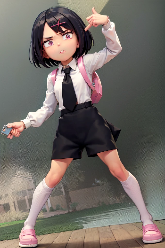 (masterpiece, Highest quality:1.2), Cowboy Shot, alone, ８Year old girl, Misako \(Ticker\), Expressionless, Mouth closed, View your viewers, Arms crossed, White shirt, Tucked in shirt, Long sleeve, tie, Black shorts, Green knee socks, pink backpack