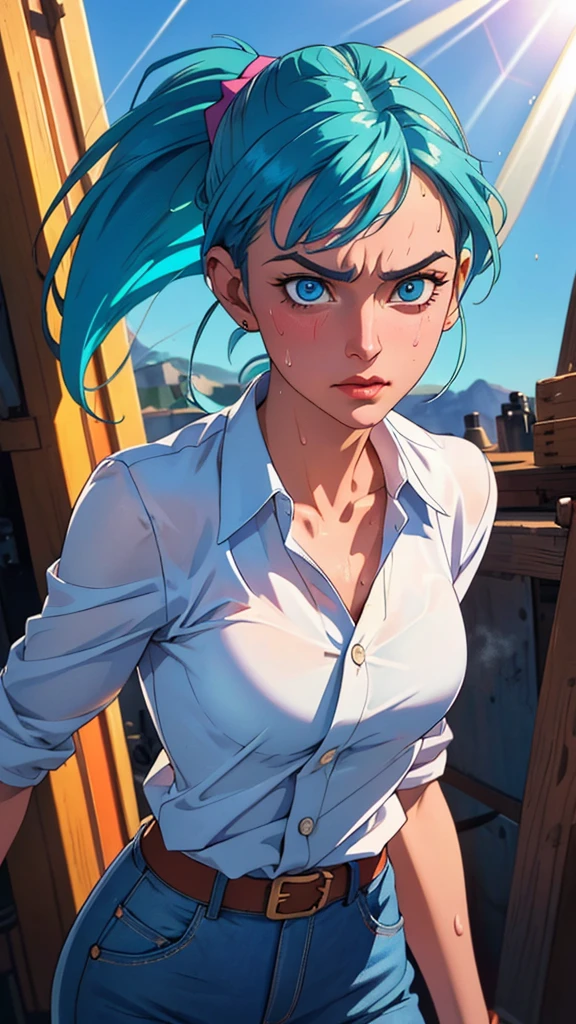((((masterpiece, best quality, high resolution)))), Extremely detailed 8K, 1 female, (Bulma from Dragon Ball) wearing a white jacket, (Ultra HD, Ultra-detailed, Highly detailed, Highly realistic, Ultra-realistic, photograph realistic), (1girl:1.5), (Realistic pony tail, blue hair), (dynamic poses), facing at camera, looking at viewer, (a serious focus face), (regular blue eyes, sharp eyes), (perky breasts:1.2), (beautiful detailed face, beautiful detailed eyes), ((slightly sweating)), (working on a mechanical invention), sweat, glow, (sunbeam, sunlight), ((cowboy shot)), laboratory background, seductive, EnvyBetterHands LoCon,