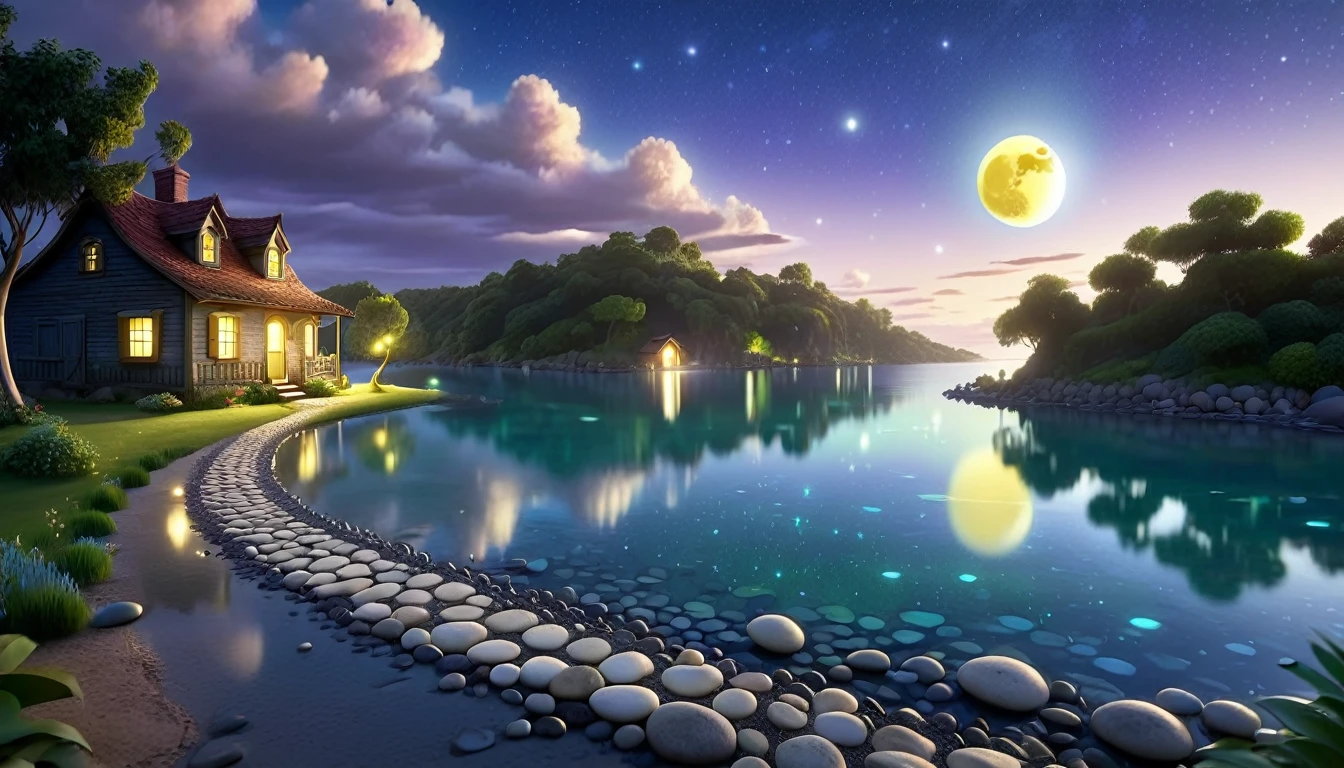 A beautiful calm and peaceful lagoon that reflects the brightness of the stars and moonlight, the stars and the moon have a yellow hue in a starry sky at the bottom of the lagoon cutting horizontally through the landscape we see a little road made of shiny pebbles that passes in front of the little house of a farm. disney pixar style