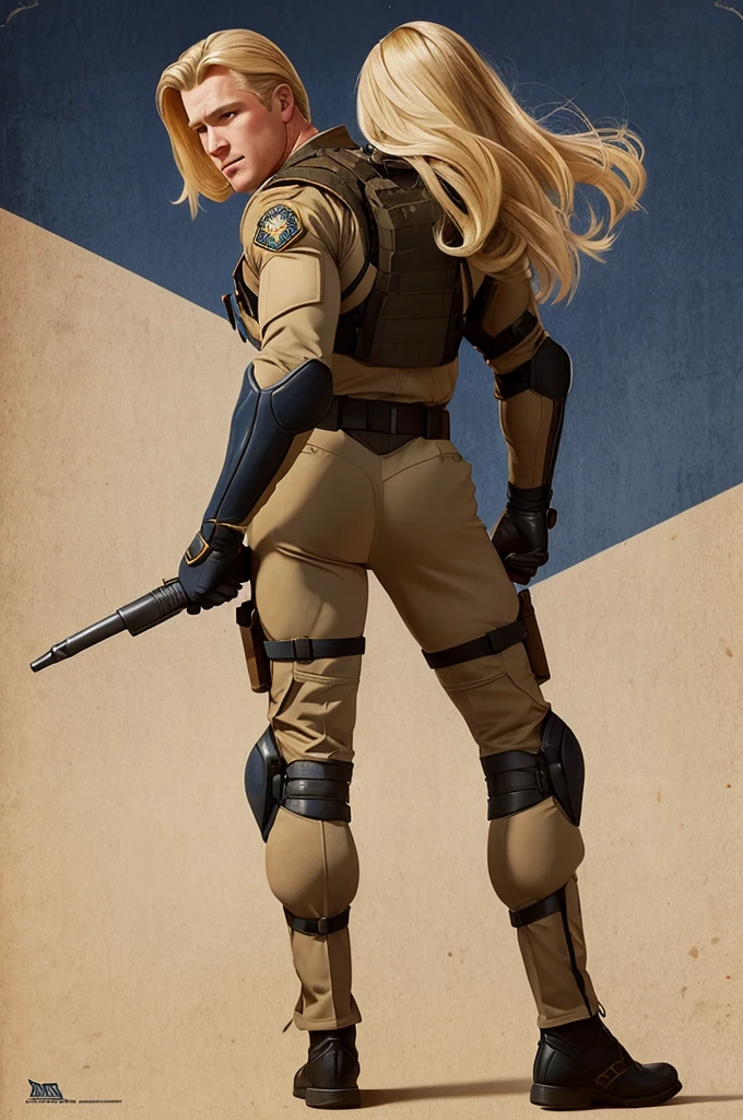  illustration in the style of Leyendecker, in which a blond Navy SEAL with a long dick fucks a girl standing in front of him on all fours in the ass. He is wearing a Kevlar body armor, he has a big dick, a boner, an erection