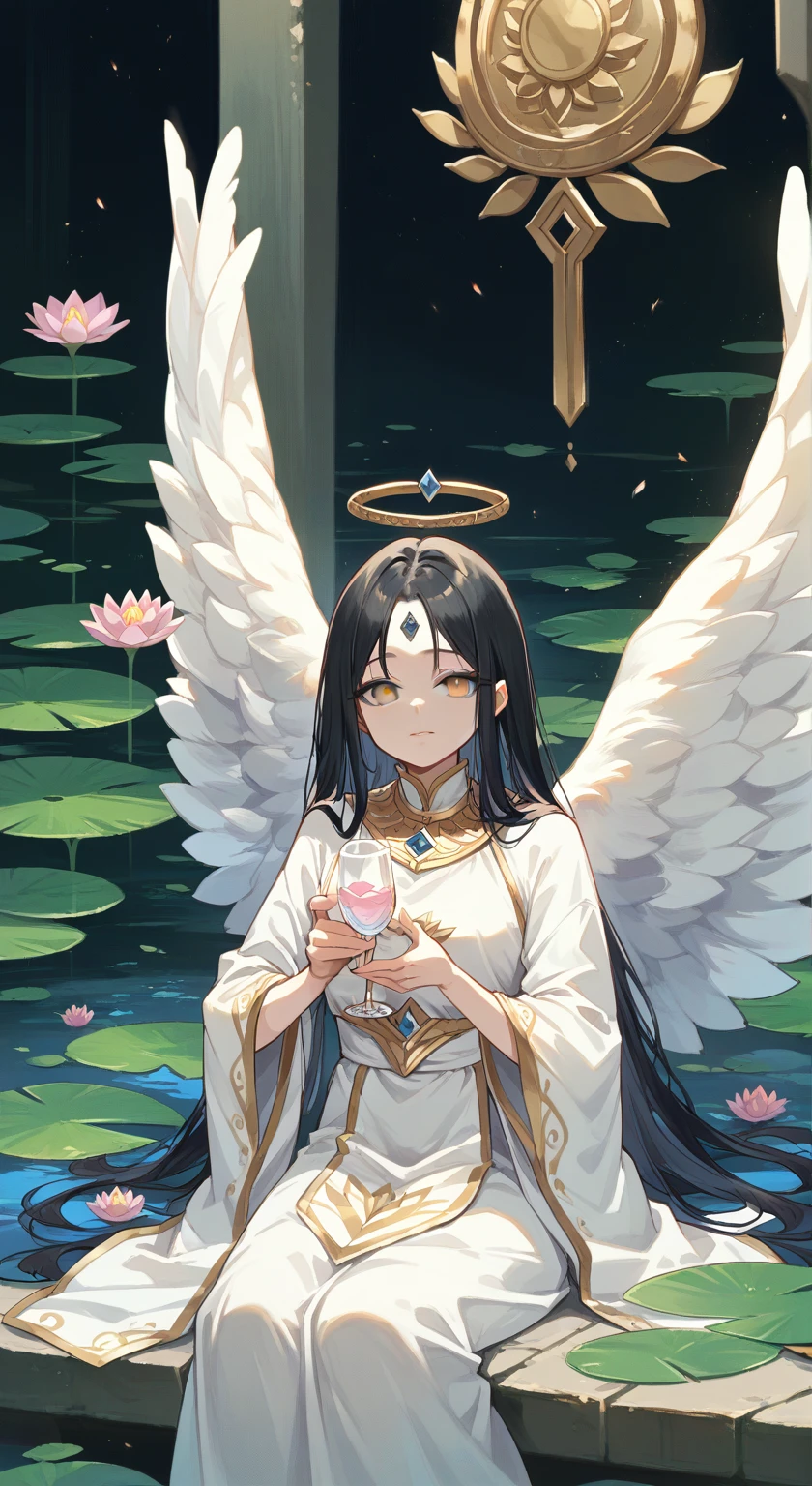Painting of an angel sitting in a lotus position., Goddess of love and peace, bodhisattva, , queen , meditate , Gray eyes ,black hair , holding a glass