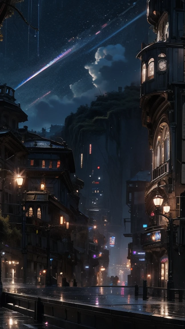 Masterpiece, best quality, extra detail, cute, dramatic, rainy, dark, ruins city, a girl, long silver straight hair, far angle