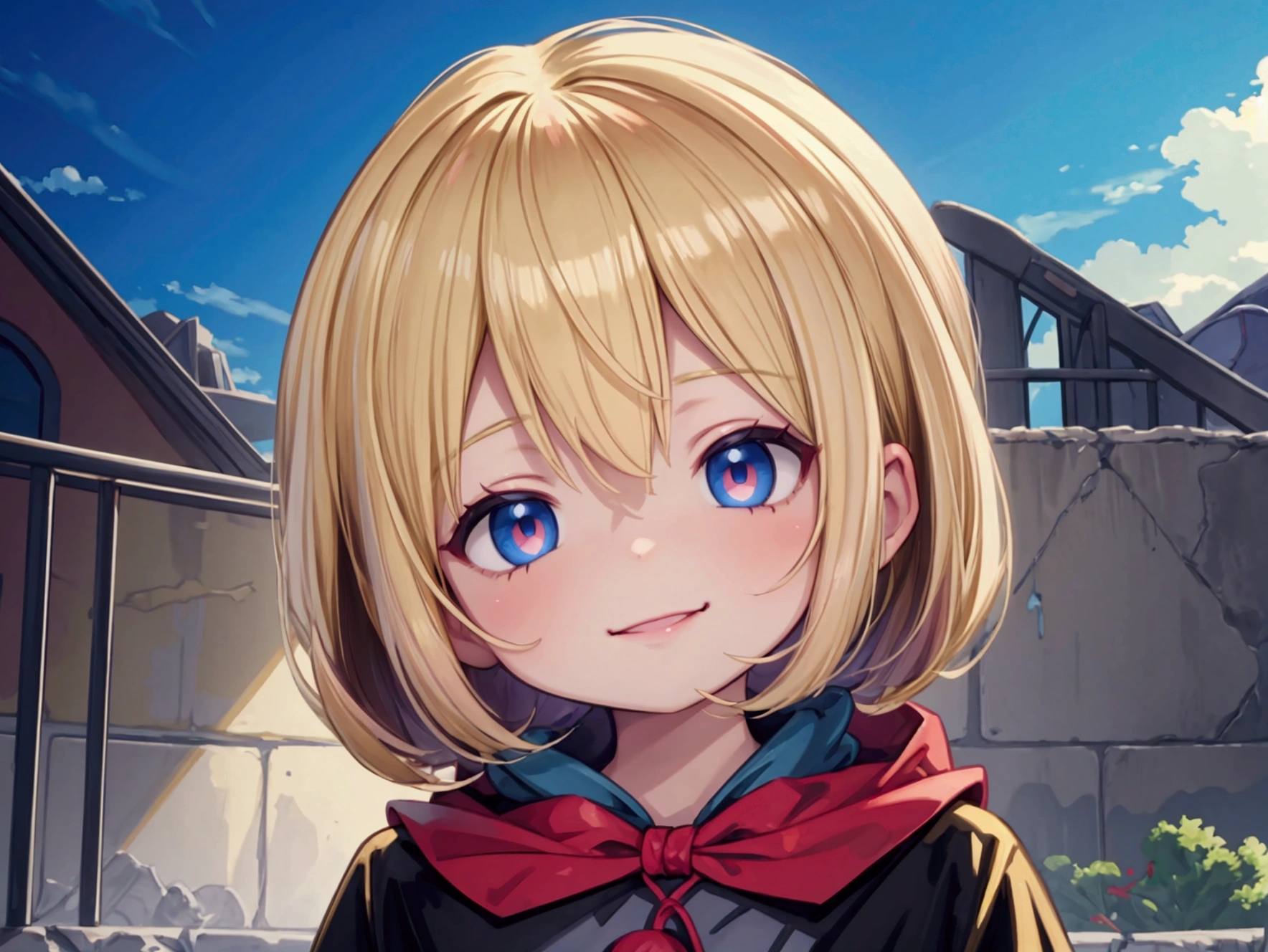 child masterpiece), best quality, high resolution blonde 1child bob cut medium hair standing alone profile image looking at viewer beautiful eyes beautiful face extremely detailed evil smile