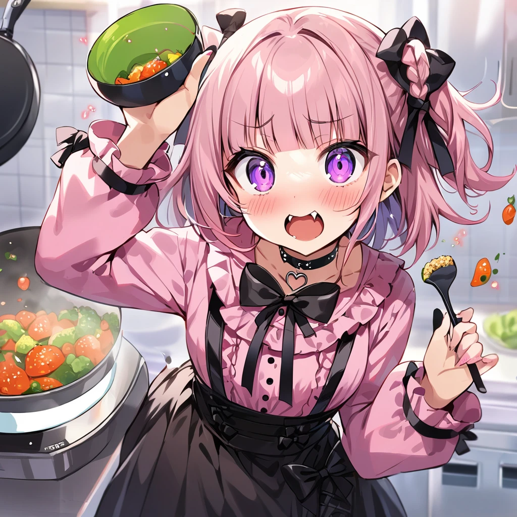 Top quality, masterpiece,a girl and a female,
, peal purple and blunt bangs hair, twin braids, eyes closed, mouth wide open and screaming, blushing, smilng,fangs,(a girl with closs hair pin,
pink shirt,cosplay, jirai kei, bangs, black skirt, black bow, looking at viewer, bow, long sleeves, choker, ribbon,:1.4),A girl stir-frying food in the kitchen with a frying pan in hand,