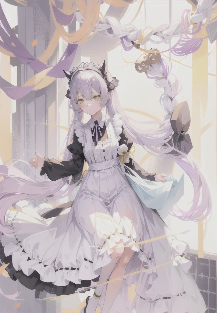 Anime girl in white dress，(((Yellow Eyes)))、(((Light purple hair)))、((Twin tails long enough to reach the ground))、(((long hair)))、(Black Ribbon), , Small curves , Anime girl in maid outfit, Splash Art Anime , Cute anime waifu in a nice dress, Gorgeous maid, , Sexy maid in the magical forest, [ 4k digital art ]!!, Anime cat girl in maid clothes，Expose intimate areas，Exposed