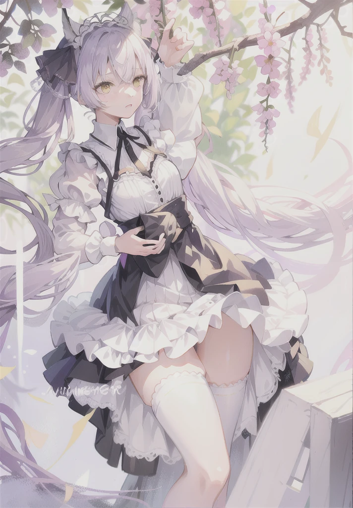 Anime girl in white dress，(((Yellow Eyes)))、(((Light purple hair)))、((Twin tails long enough to reach the ground))、(((long hair)))、(Black Ribbon), , Small curves , Anime girl in maid outfit, Splash Art Anime , Cute anime waifu in a nice dress, Gorgeous maid, , Sexy maid in the magical forest, [ 4k digital art ]!!, Anime cat girl in maid clothes，Expose intimate areas，Exposed