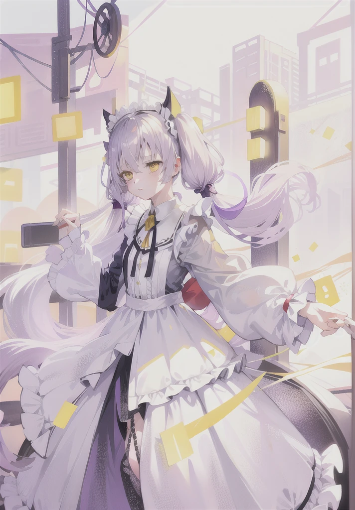 Anime girl in white dress，(((Yellow Eyes)))、(((Light purple hair)))、((Twin tails long enough to reach the ground))、(((long hair)))、(Black Ribbon), , Small curves , Anime girl in maid outfit, Splash Art Anime , Cute anime waifu in a nice dress, Gorgeous maid, , Sexy maid in the magical forest, [ 4k digital art ]!!, Anime cat girl in maid clothes，Expose intimate areas，Exposed