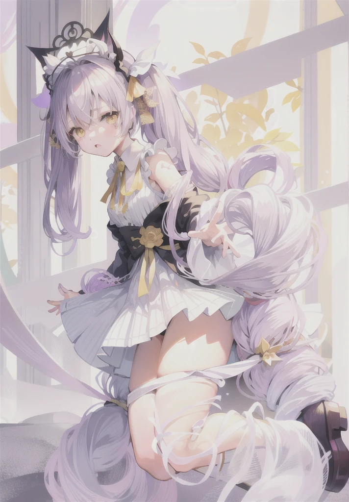 Anime girl in white dress，(((Yellow Eyes)))、(((Light purple hair)))、((Twin tails long enough to reach the ground))、(((long hair)))、(Black Ribbon), , Small curves , Anime girl in maid outfit, Splash Art Anime , Cute anime waifu in a nice dress, Gorgeous maid, , Sexy maid in the magical forest, [ 4k digital art ]!!, Anime cat girl in maid clothes，Expose intimate areas，Exposed