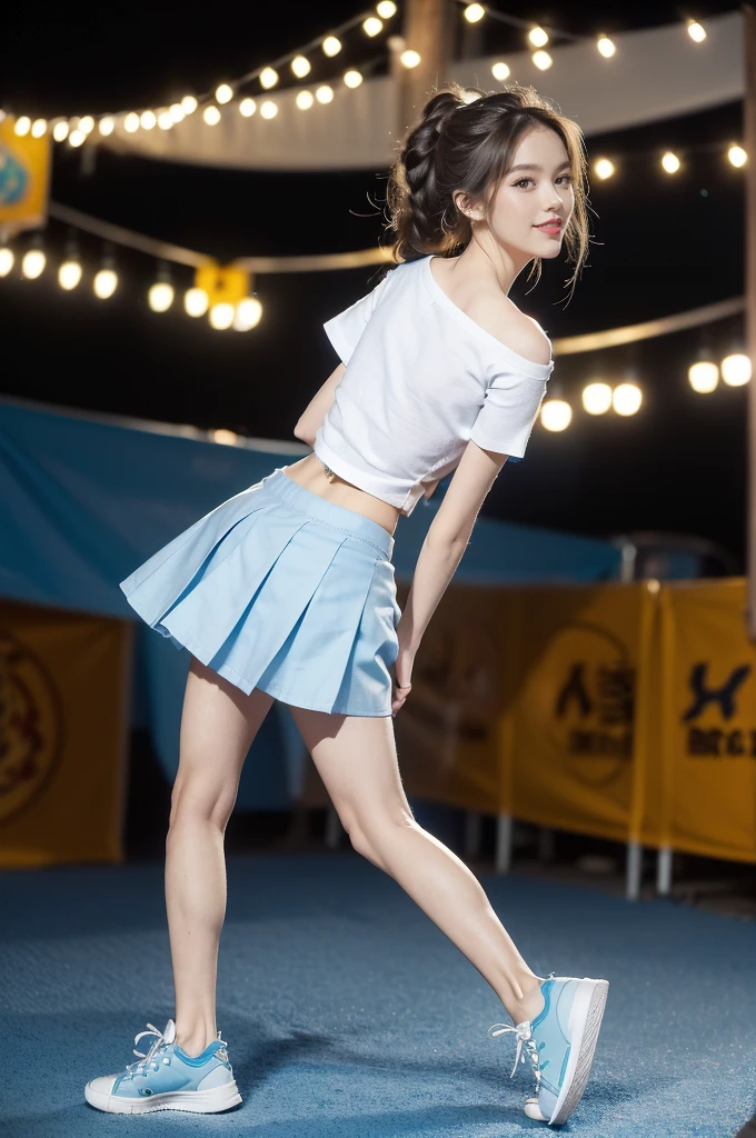 (((best quality))),(((ultra detailed))),(((masterpiece))),illustration,((a beautiful girl,solo)),(shoulder length straight hair:1.2),((slim,thin)),((small breasts,flat chest,claviclis,navel)),(blue short-sleeved white shirt:1.5),(blue mini-skirt:1.3),(slender legs:1.2),(sneakers:1.3),(standing:1.3),(on the stage:1.3),((outside a shopping mall, at the entrance of a beer promotional event)),((surrounded by crowded crowds)),((hair and skirt fluttering in the air)),expressive eyes,infectious smile,the stage adorned with colorful decorations,vibrant atmosphere,(night scene:1.3),(from front:1.3),(arms behind back:1.3),(full body:1.3),