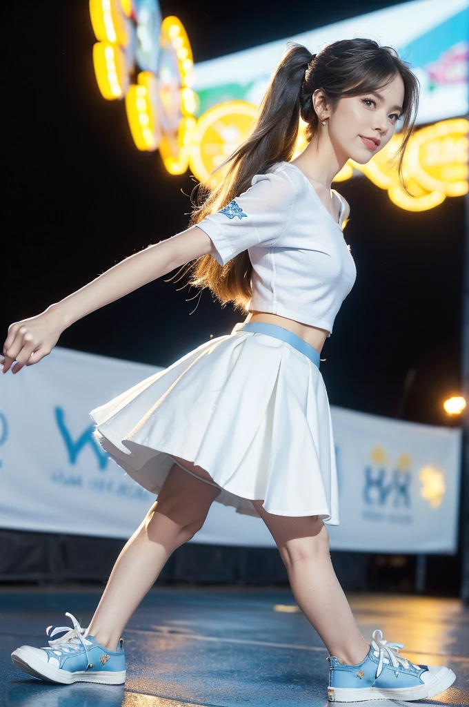 (((best quality))),(((ultra detailed))),(((masterpiece))),illustration,((a beautiful girl,solo)),(shoulder length straight hair:1.2),((slim,thin)),((small breasts,flat chest,claviclis,navel)),(blue short-sleeved white shirt:1.5),(blue mini-skirt:1.3),(slender legs:1.2),(sneakers:1.3),(standing:1.3),(on the stage:1.3),((outside a shopping mall, at the entrance of a beer promotional event)),((surrounded by crowded crowds)),((hair and skirt fluttering in the air)),expressive eyes,infectious smile,the stage adorned with colorful decorations,vibrant atmosphere,(night scene:1.3),(from front:1.3),(arms behind back:1.3),(full body:1.3),