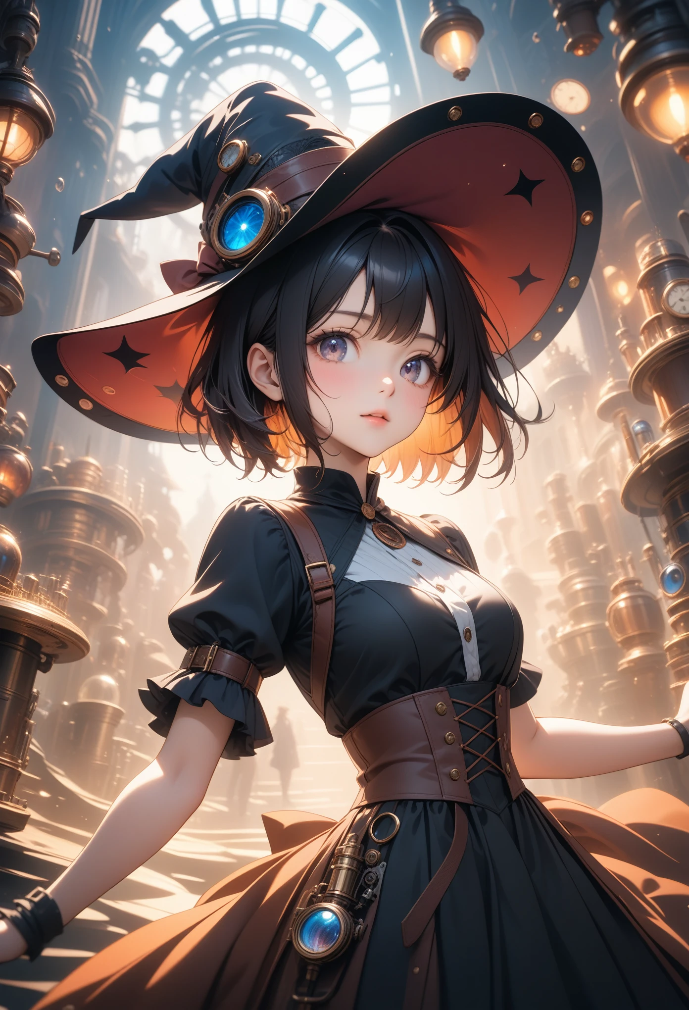 1girl, short hair girl, witch hat, gorgeous light and shadow, dress, Magical, Steampunk, ultra detailed background, illustration, vibrant colors, intricate details, 8k wallpaper, (Depth of field, cinematic angle, cinematic lighting:1.2), (masterpiece:1.2), (best quality:1.2), (very aesthetic:1.2), (absurdres:1.2), newest, intricate, ai-generated, Dynamic poses, sexy poses, (dutch angle), (Close-up), shiny and lustrous,