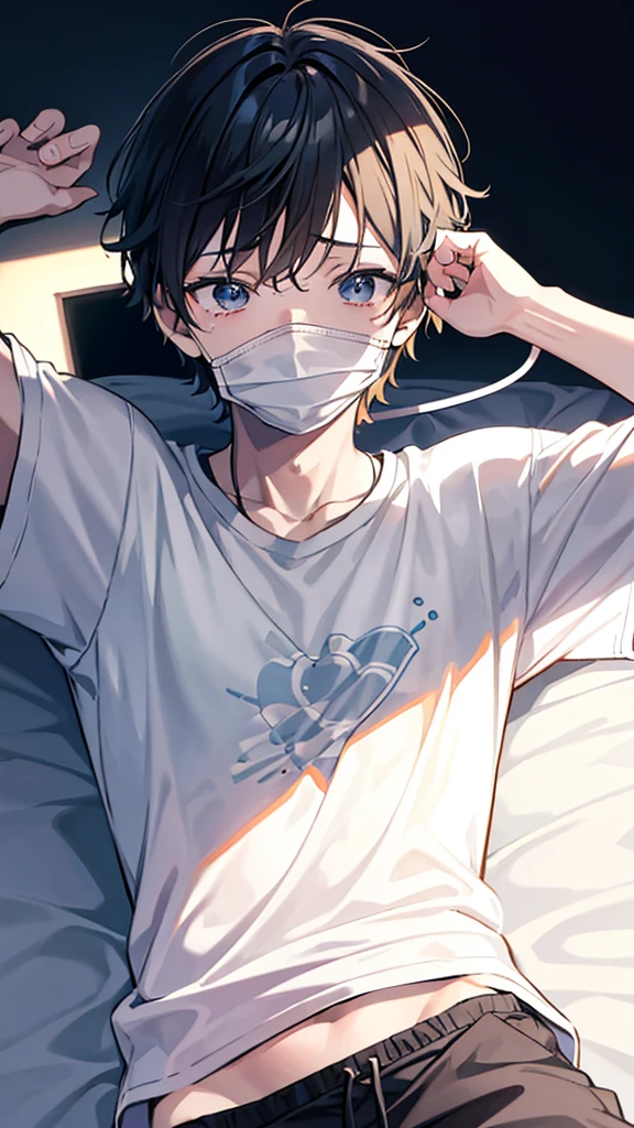 "A manga-style image of a boy character lying on a bed, wearing a t-shirt with a glowing light from a phone placed face down on his chest. The character is covering his face and looks like he's crying. The background is dark and simple."