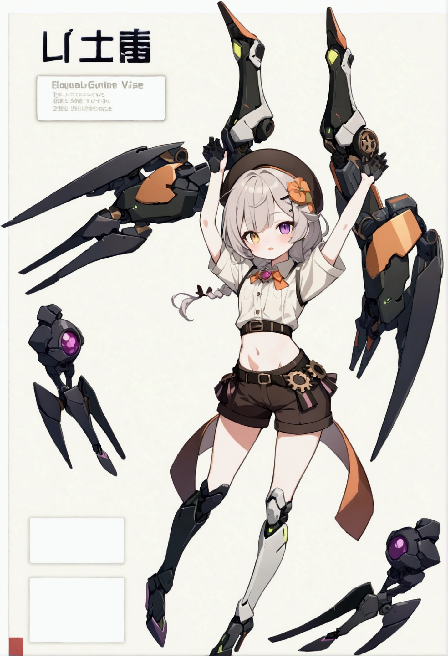 woman 165cm tall, slim build, , charming look, ((heterocromia: look like, derecho naranja y look like izquierdo violeta)), (Shoulder Length Wavy Gray Hair, a short braid on the left side of the hair, big open bangs, golden gear hairpin in hair), (((complex mechanical legs up to the hip, The legs are black with gray parts with small pink details))), (((complex mechanical arms up to the elbows, The arms are black with gray parts with small pink details))), (complex white mechanical angel wings with pastel green parts), (elegant black French beret with an orange rose ribbon), (stylish white short sleeve button down shirt, dark brown shorts from the waist, elegant black belt, small rose brooch on the neck, beautiful mechanical stiletto heels), (((character design sheet: Front view))), (((Whole body))), extremely detailed beautiful hair, beautiful detailed clothing, extremely detailed arms, extremely detailed face, (Extremely detailed hands), perfect hands, small face, hermosos look likes detallados, beautiful detailed lips, adorable, extremely detailed legs, (Best Quality, 8k, ultra resolution), ultra detailed, Exquisite and epic character art, ((Pastel yellow background)), (Focus on symmetry), (extremely detailed wings).