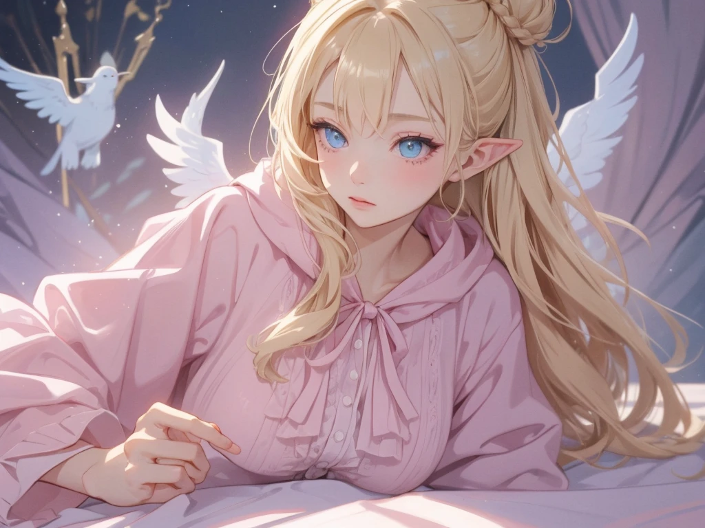 (Only 1 person), work of art, epic details, ultra detaild, high resolution, blonder woman, beautiful elf, hair tied into an elegant bun, angelic face with soft features, wearing cute and loose pink kigurime pajamas with hoods, delicate and well-defined hands, sleep expression, Scenario: a cozy room, supper: stretching ready to sleep, epic details no rosto, eyes locked, modest and elegant behavior