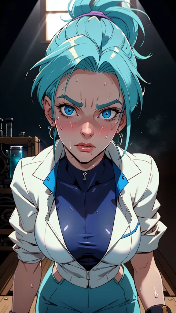 ((((masterpiece, best quality, high resolution)))), Extremely detailed 8K, 1 female, (Bulma from Dragon Ball) wearing a white jacket, (Ultra HD, Ultra-detailed, Highly detailed, Highly realistic, Ultra-realistic, photograph realistic), (1girl:1.5), (Realistic pony tail, blue hair), (dynamic poses), facing at camera, looking at viewer, (a serious focus face), (regular blue eyes, sharp eyes), (perky breasts:1.2), (beautiful detailed face, beautiful detailed eyes), ((slightly sweating)), (working on a mechanical invention), sweat, glow, (sunbeam, sunlight), ((cowboy shot)), laboratory background, seductive, EnvyBetterHands LoCon,