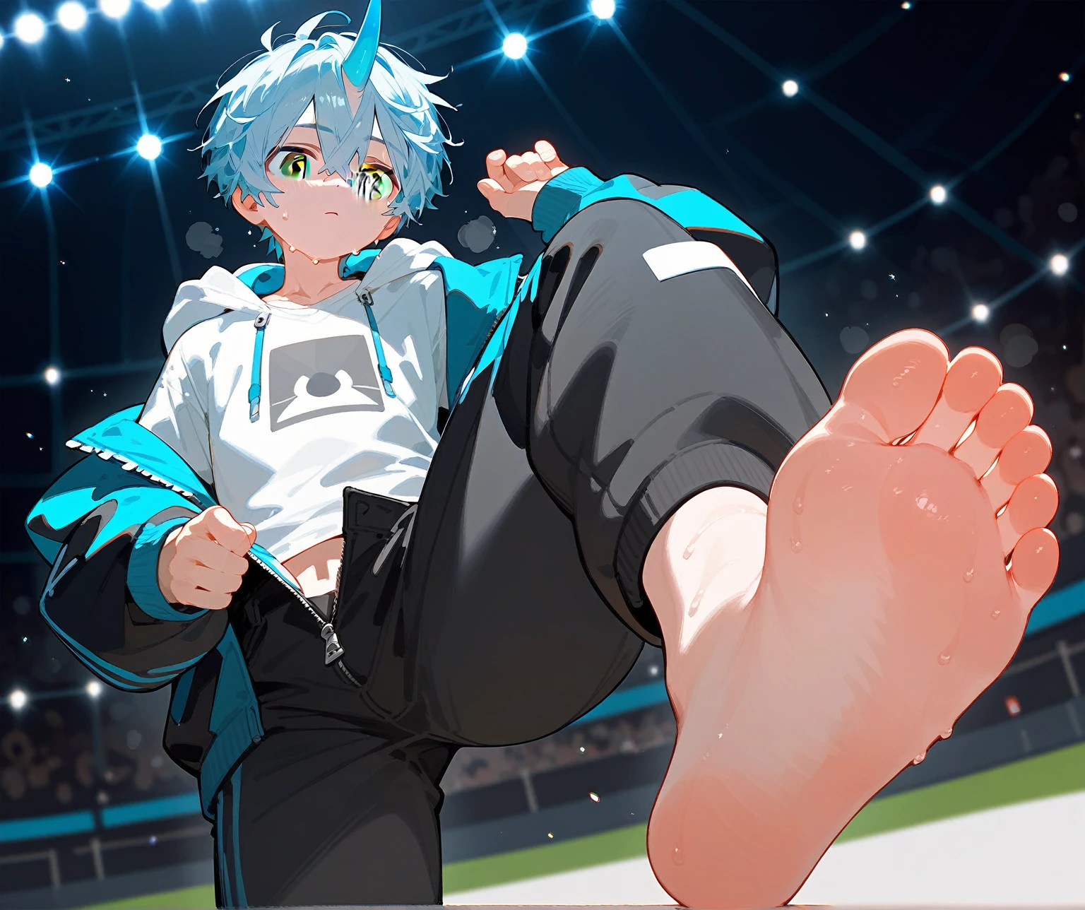 A cute boy showing his stinky feet low angle,barefoot,Sole,Sweating on the soles of the feet,Foot Focus,White T-shirt,Wearing a white and black hoodie jacket,Unzipped hoodie jacket,Bangs between the eyes,short hair,Light blue hair,Black trousers,Anatomically correct, There is a single short blue horn in the middle of the head.,Black eyes,Look at the audience