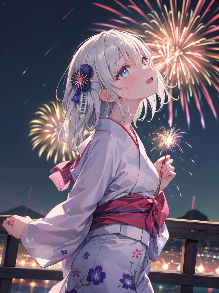 (8k, best quality, master piece: 1.2),super high resolution,1 girl, solo, ((colorshift eyes, hyperdetailed, expressive eyes)), ultra-detailed face, random hair, silver gray color, Ecstatic expression,On a summer night, she is looking up at a fireworks display. The colorful fireworks spreading across the night sky create a beautiful sight. She has loosely tied silver hair and is wearing a yukata. Looking up at the fireworks, her expression is filled with emotion and excitement.