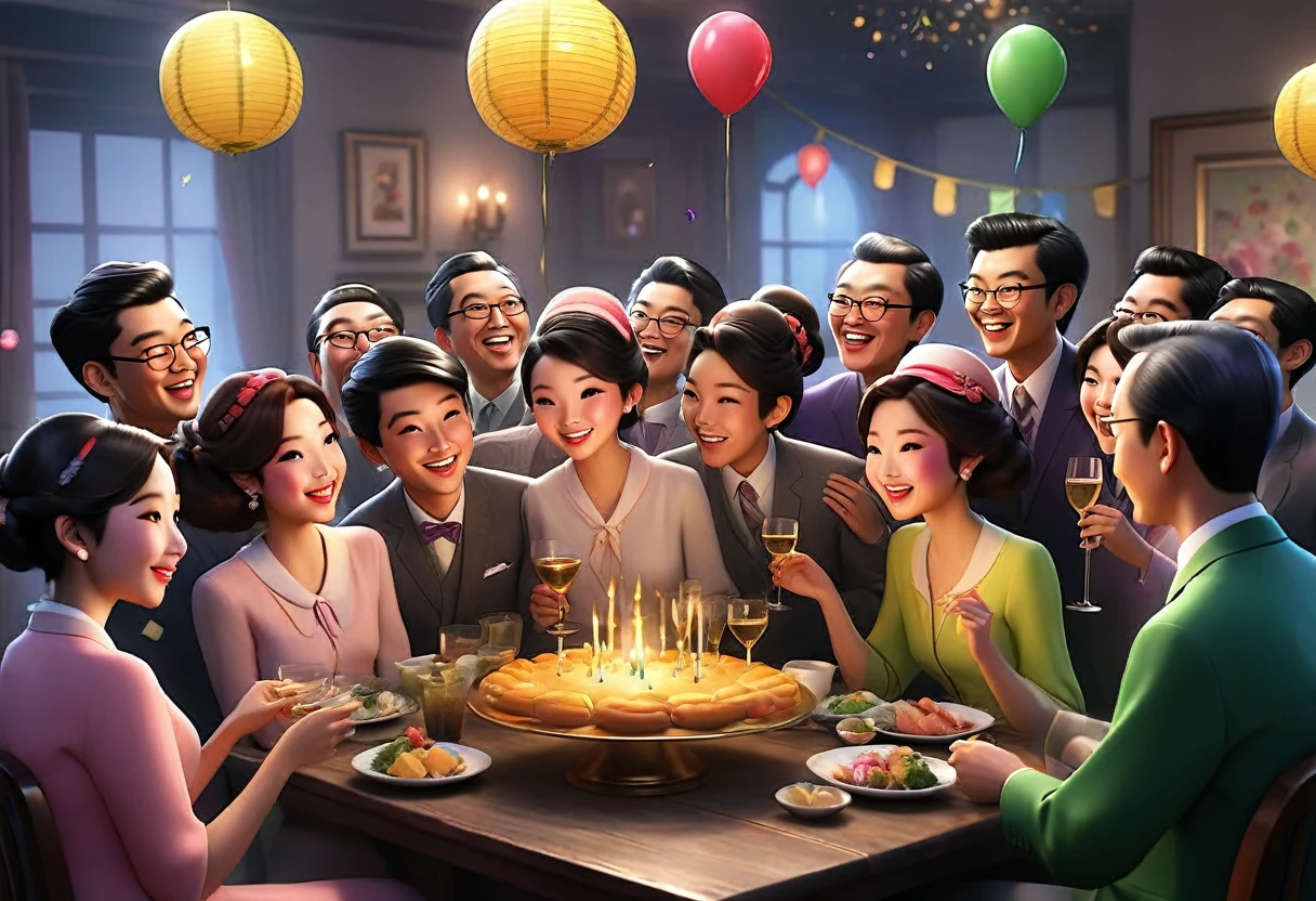 A lively party scene with many people gathered、It's like someone who is getting a lot of attention is in the spotlight.、Only one person was called by name and looked at the camera.