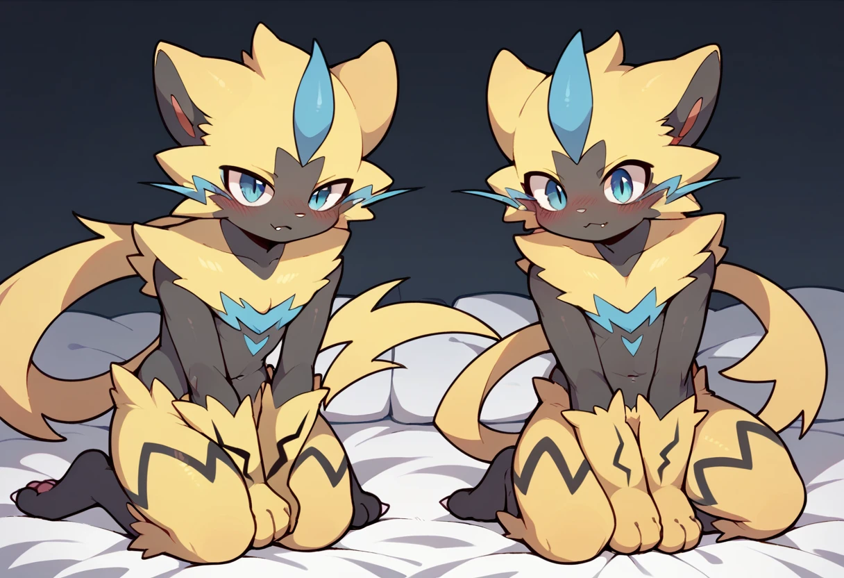Pokemon　Zeraora　male　Shota　Yellow fur cat　sexy　cute　to be aroused　Blushing　On the bed(Kneeling posture)　