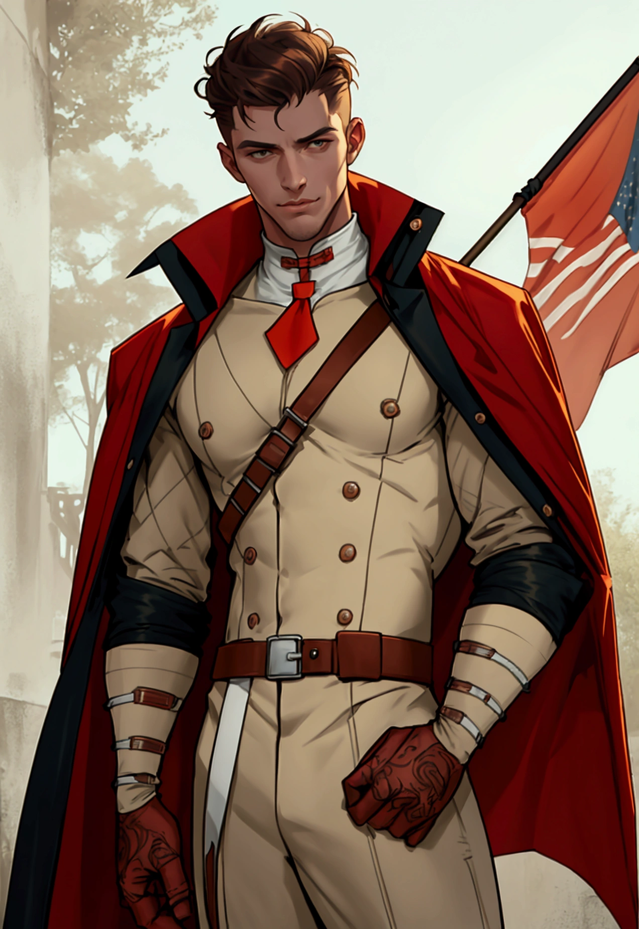 posey straitjacket, (male:1.2), handsome face, slim body, classic appearance, unassuming demeanor, bisque skin, 8 k, absurbres, hires, best detail, flag background, Sunrise