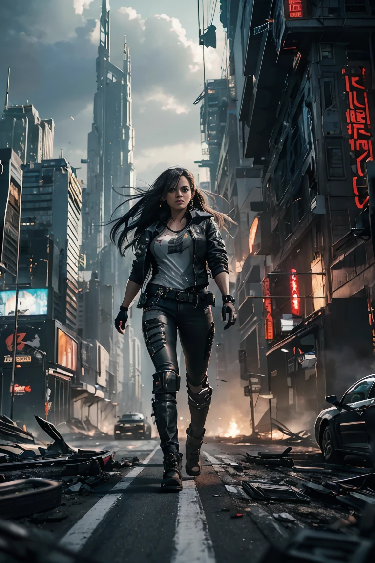 (Highest quality, Ultra HD, 16k, Masterpiece) A powerful girl walks confidently in front of her rugged, futuristic car amidst a chaotic and war-torn metropolis. The shot is a medium to long view, capturing her determined presence and the complete surroundings around her. She gazes ahead with a fierce, unyielding expression, embodying strength and resolve. She wears a fitted tshirt under a stylish jacket and jeans pants, her attire blending practicality with a touch of modern flair. The jacket is detailed with patches, straps, and utility pockets, enhancing her battle-ready appearance. Her hair is tousled and windswept, adding to her dynamic presence. The car behind her is a heavily modified, armored vehicle, its exterior scarred from countless battles. It stands as a testament to her resilience and resourcefulness, with various gadgets and weapons mounted on its frame. The car's sleek, yet rugged design complements the overall gritty atmosphere. In the background, the entire skyline of the metropolis is visible, partially obscured by smoke and ash. Skyscrapers tower amidst the chaos, many of them heavily damaged with gaping holes and crumbling facades. Explosions light up the scene, casting an eerie glow over the widespread destruction. Spaceships hover menacingly in the sky, engaged in fierce aerial battles, their sleek designs contrasting with the devastation below. The ground is littered with debris and remnants of destroyed structures, adding to the sense of a world torn apart by conflict. Scraps of metal, shattered glass, and remnants of vehicles are scattered across the landscape, emphasizing the scale of destruction. The lighting is dramatic, with sharp contrasts that highlight the textures of her attire and the metallic surface of her car. The interplay of light and shadow emphasizes the intense expression on her face and the chaos in the background. Hollywood action movie. Action film, ((tshirt))