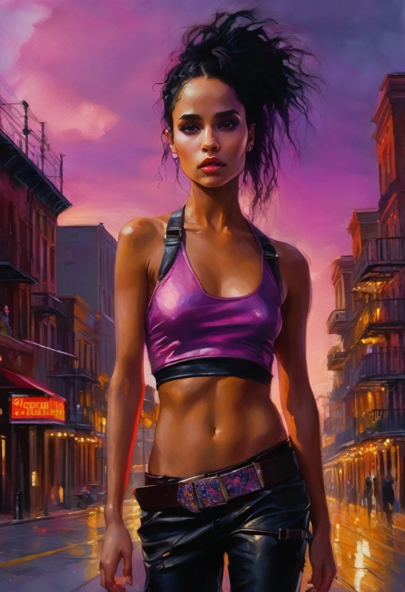 Dramatic moody dry-brushed oil painting, intense dark haired woman, Jane Yellowrock, urban leather crop top and pants, spiked belt, great abs, sultry, walking away from a red toned backlit New Orleans hotel, swagger, intense gaze, confident, pale amber eyes, cute nose, urban fantasy attire, mist, drama, stunning face, the face is a mix of Zoe Kravitz and FKA Twigs, windswept hair, glossy skin, ambiance, intense pink and purple sky, prompt by McKay, pensive, longing, intense, dramatic, perfect hands, ambient lighting, stunning lighting, 3D, texture, hyper detailed face and eyes, magical, mindblowing image, statement making, fantastical, highly detailed, inspiring, creative, perfect composition, 8K, award winning, professional concept art