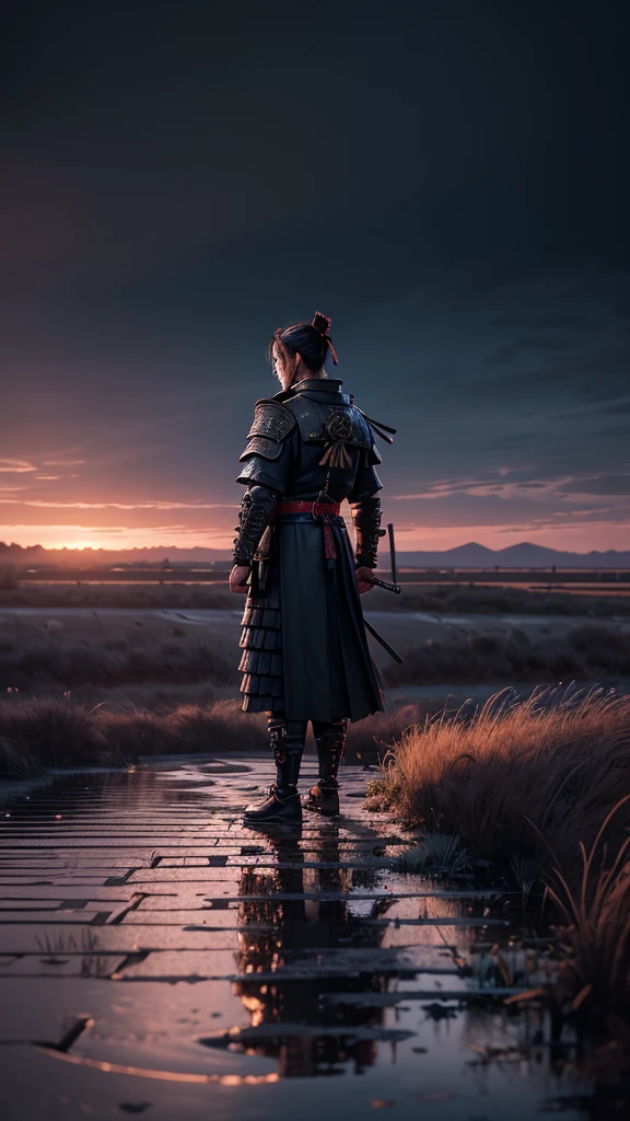 samurai standing on wet land surrounded by steel fencing watching dark sky, detailed samurai, detailed wet land, detailed fencing, detailed dark sky, detailed light, best quality, highly detailed, masterpiece, 8k wallpaper.
