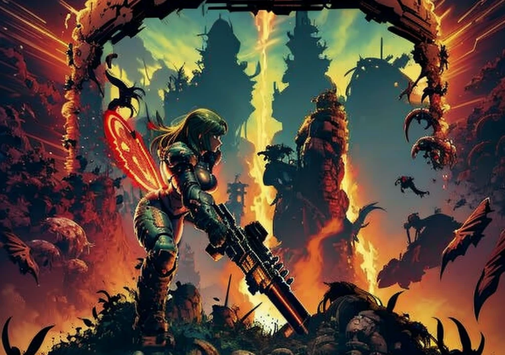 Warrior woman, 1girl, sexy, big breast, shooting monsters in hell, doom armor, no helmet, long hair, hell background, demons, sexy girl, showing armpits, fighting in hell with demons, full body. Wallpaper, big weapons, a lot of monsters attacking, inferno background, lava, creatures flying. Sexy angry woman (((shooting monsters))doom slayer environment.