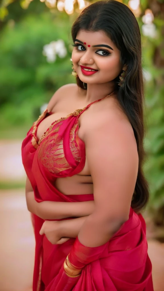 Indian woman masterpiece, best quality, ultra-detailed, (warm hue, warm tone: 1.2), wearing big hook bra , 20 years old, (((big tits1.8))),((Huge breasts 1.6)),(((Plump body 1.8))), (Indian instagram photo, Wearing hook blouse closeup face photo of 23 y.o Chloe in kebaya, Red Lipstick, sensual Lipstick, Sensational Make Up, huge cleavage, huge breasts pale skin, (smile:0.4), hard shadows, White G-STRING, bright lighting