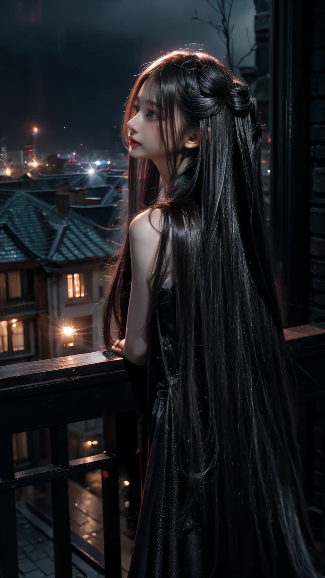 Masterpiece, best quality, extra detail, cute, dramatic, rainy, dark, ruins city, a girl, long silver straight hair, far angle