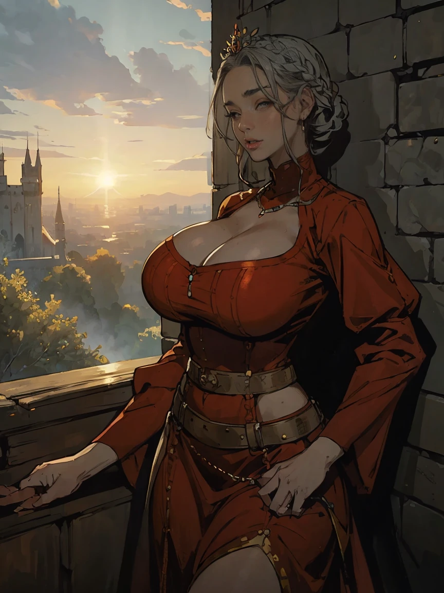 Gorgeous and sultry busty athletic (thin, slim, petite) brunette queen with sharp facial features wearing a dark red medieval dress, long sleeves, intricate patterns, scrollwork, wide neck, long dress, modest dress, loose sleeves, shawl, tight bodice, silver belt, (waist chain), medieval jewelry, Middle Ages, castle, rampart, wall, exterior, on top of a castle wall, trees, countryside, evening, sunset. large breasts. (Crown braid, updo)