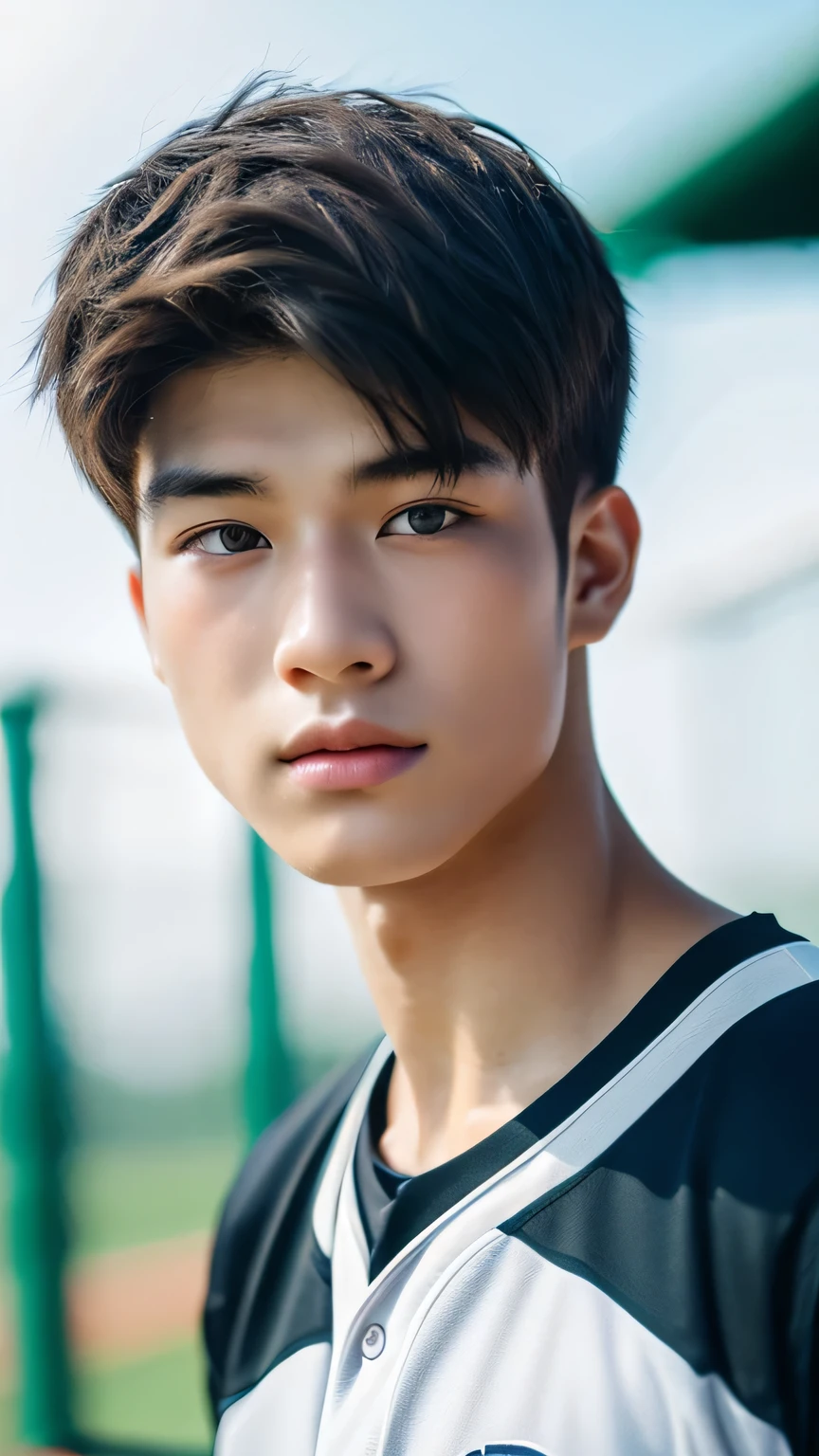 Highest quality, masterpiece, Ultra-high resolution, (Realistic: 1.4), Original photo, wallpaper, Head Photo, skin, Simple Background, Iris, detailed, Selfie, 1 boy, 18-year-old, good looking, Wind,baseball