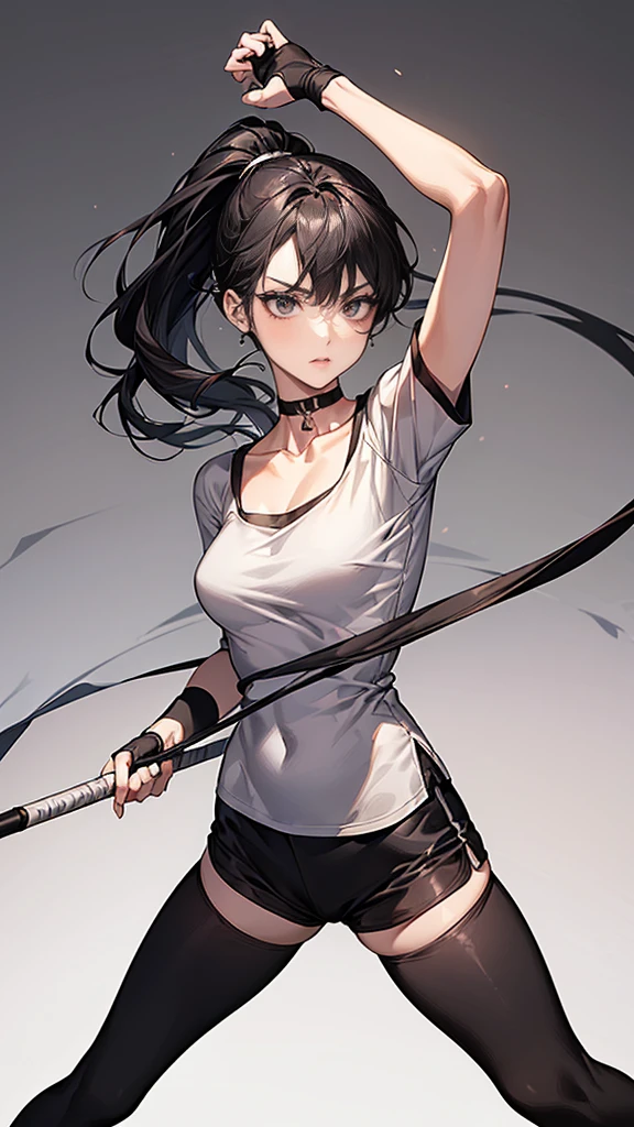 ((Highest quality)), ((masterpiece)), (detailed)　｛{{Slender female martial arts instructor}}｝　Shorts　{{Décolletage}}　{{White short-sleeved T-shirt with long length}}　Mature Woman　((Combat Stance))　Long fingerless gloves　Black tights　{{Inside the dojo}}　Black Hair　Long-haired ponytail　((Leggings with integrated shorts))　clavicle　choker