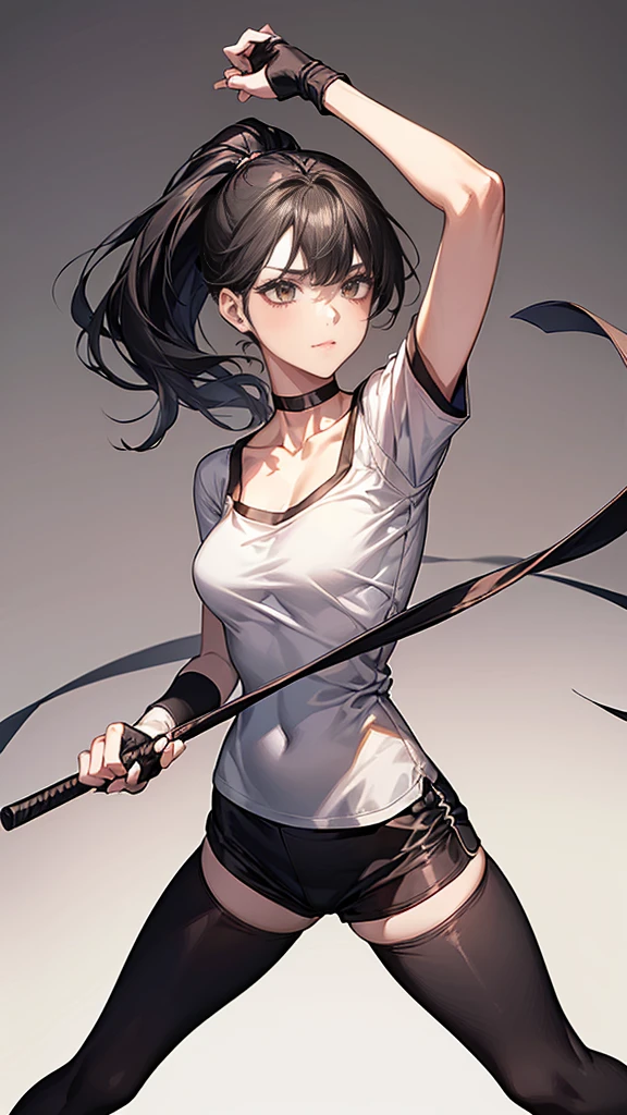 ((Highest quality)), ((masterpiece)), (detailed) {{{Slender female martial arts instructor}}} Shorts {{Décolletage}} {{White short-sleeved T-shirt with long length}} Mature Woman ((Combat Stance)) Long fingerless gloves Black tights {{Inside the dojo}} Black Hair Long-haired ponytail ((Leggings with integrated shorts)) clavicle choker
